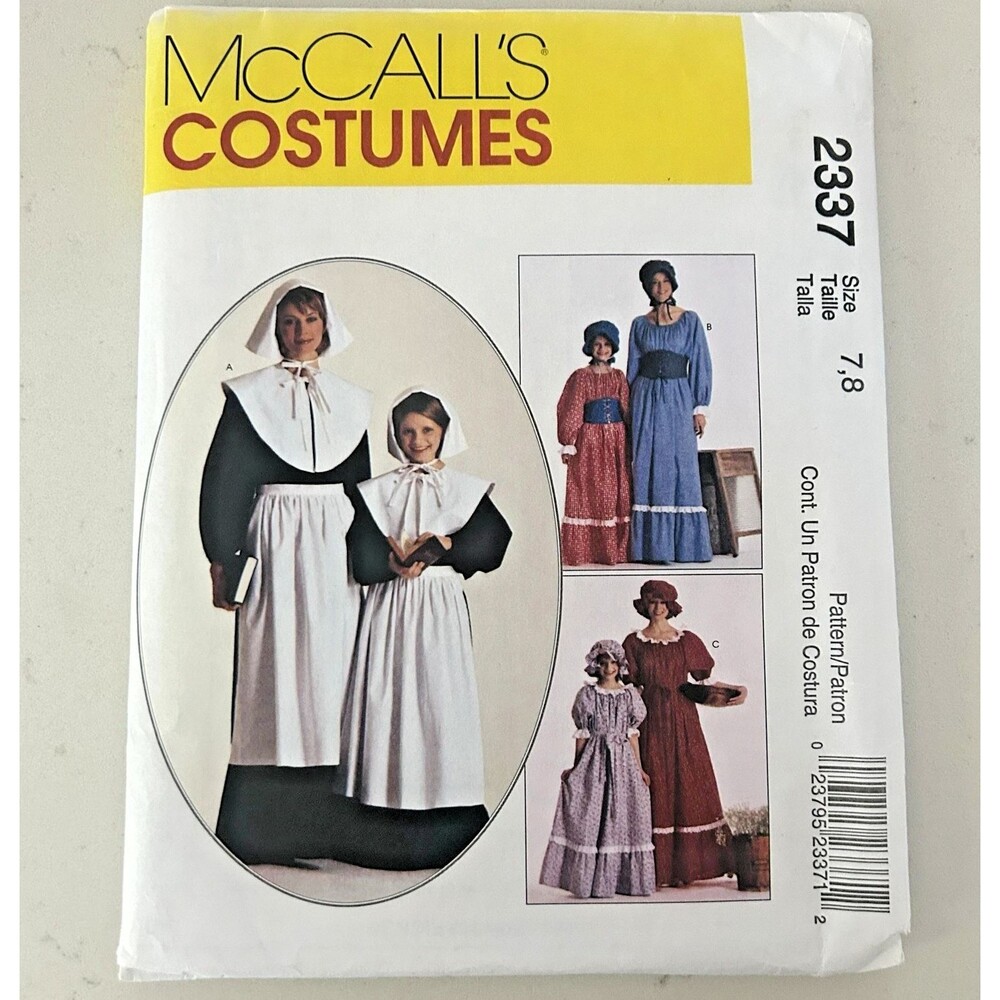 McCall's 2337 Puritan Pilgrim Settler Costume Sewing Pattern Childs 7 8